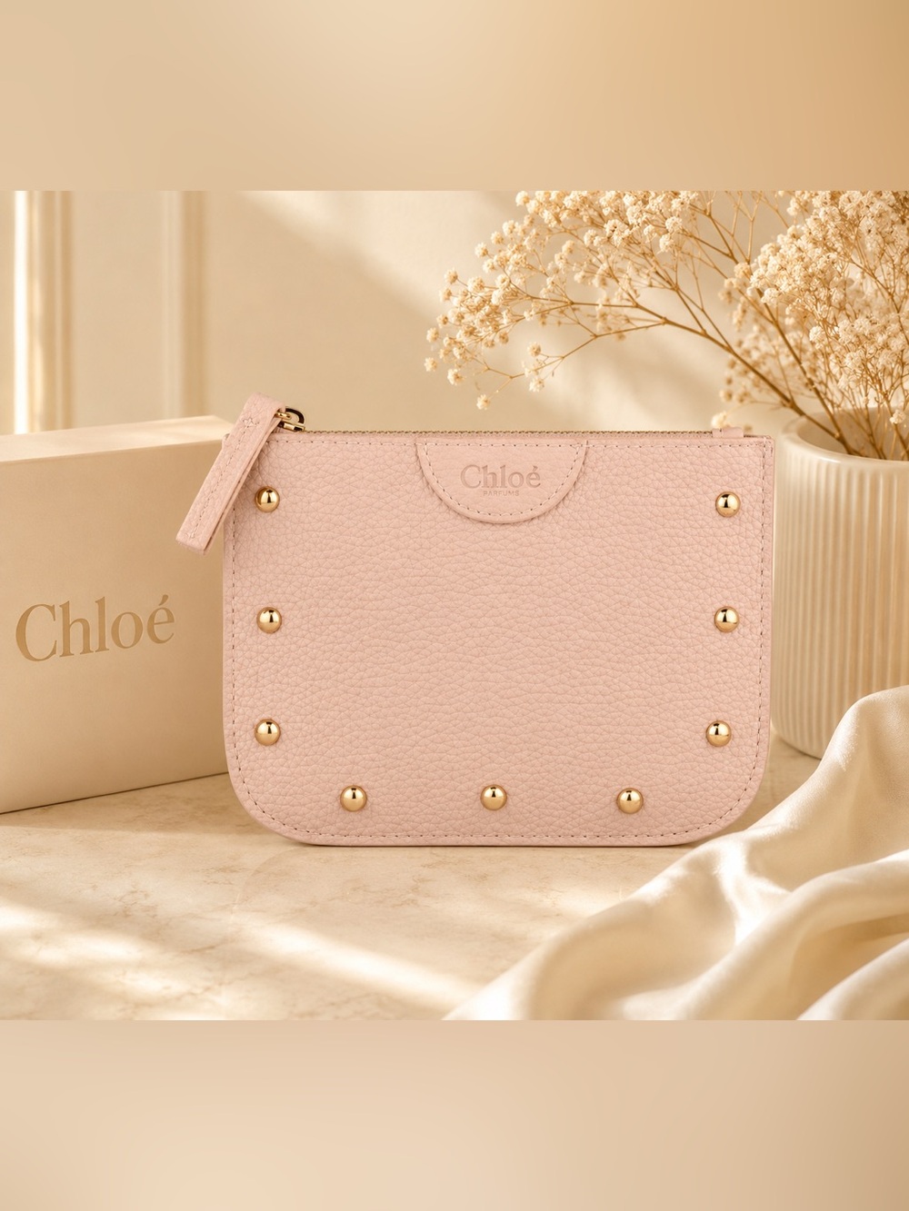 Chole parfums Pale Pink Pebbled Leather Zip Pouch with Gold Studs